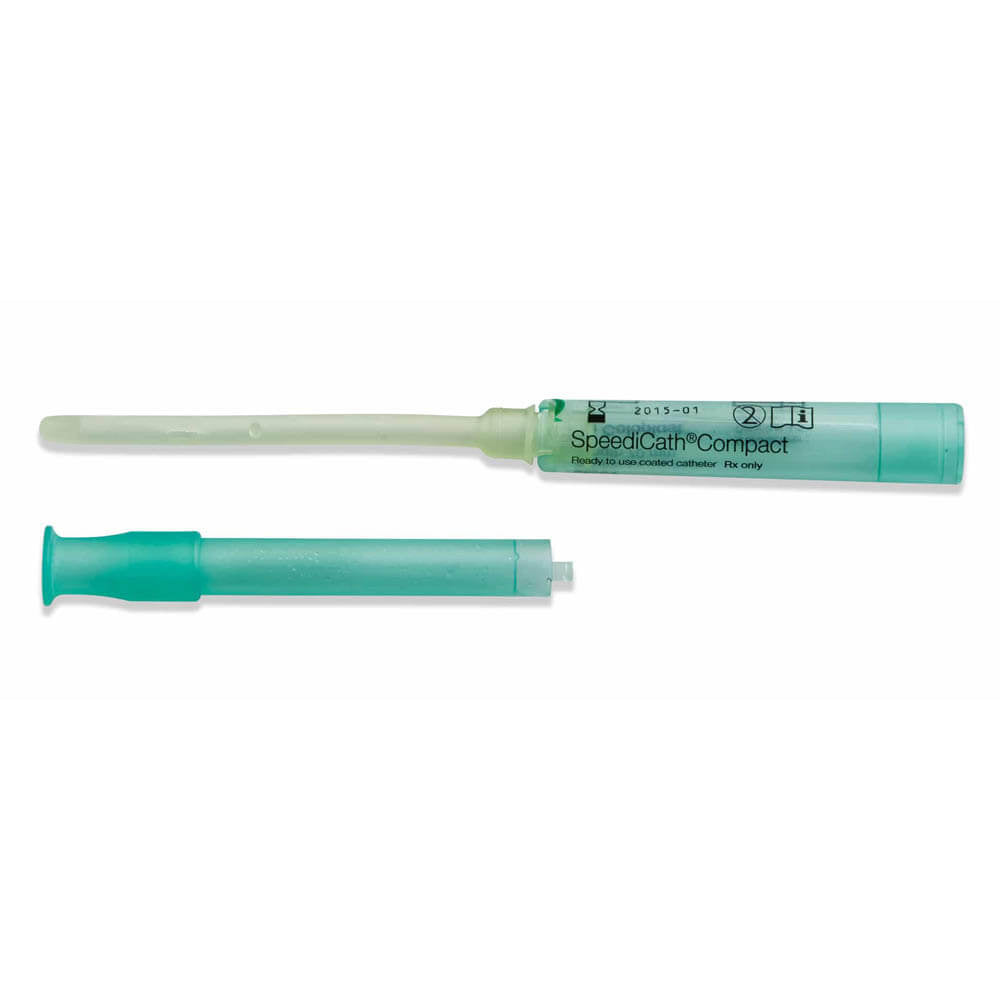 A SpeediCath Compact catheter assembly shown in two pieces on a plain white background: a translucent light green catheter tube with printed black text and a separate teal-green connector piece below it. - okotoks hc pharmacy