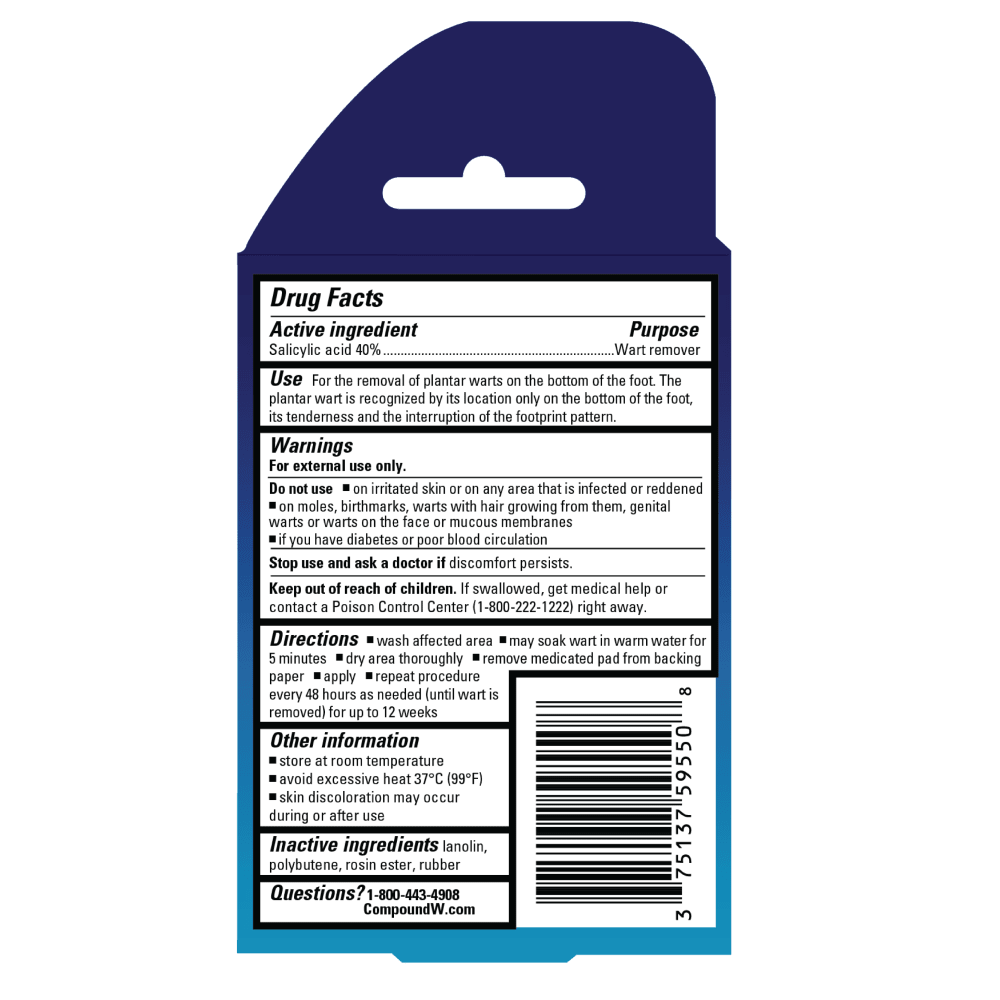 Back label of a plantar wart remover packaging with text and barcodes. - okotoks hc pharmacy