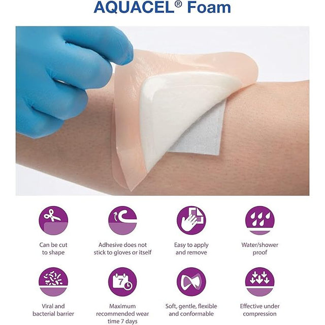 Aquacel foam being applied to a wound with a gloved hand, featuring product benefits. - okotoks hc pharmacy