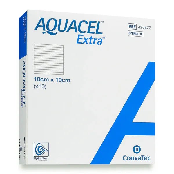Box of Aquacel Extra bandages with ConvaTec branding on a white background. - okotoks hc pharmacy