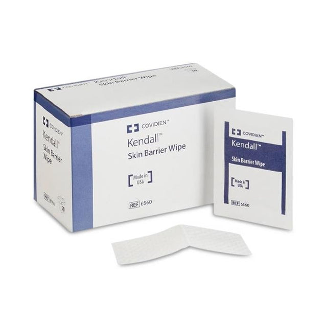Box of Kendall Skin Barrier Wipes with a single wipe displayed on a white background - okotoks hc pharmacy