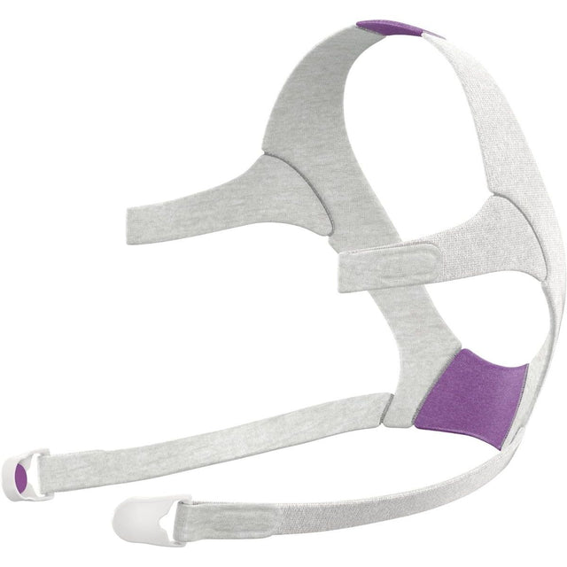Gray and purple CPAP headgear on a white background - okotoks hc pharmacy