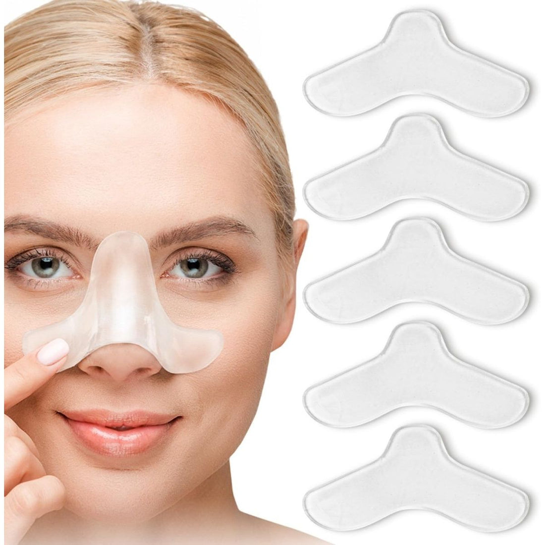 Woman using a nose patch with additional patches displayed on a white background - okotoks hc pharmacy