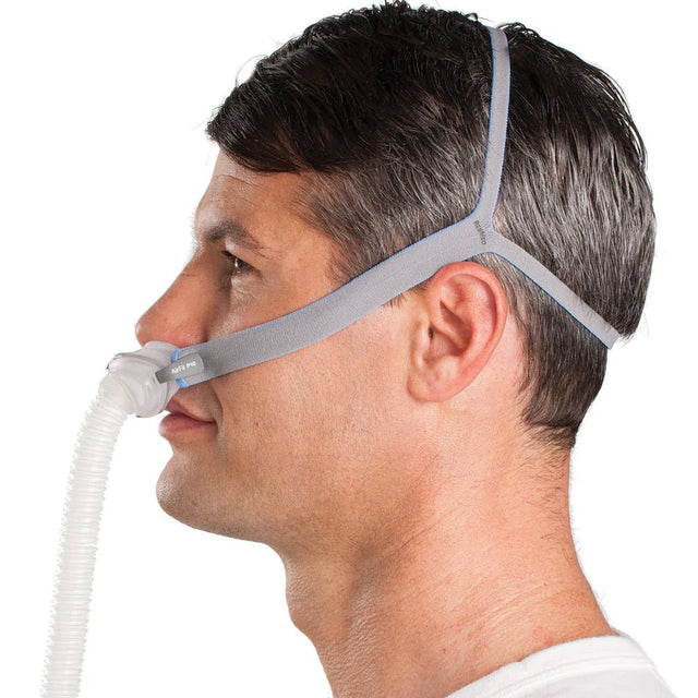 Man wearing a CPAP mask with a white background - okotoks hc pharmacy