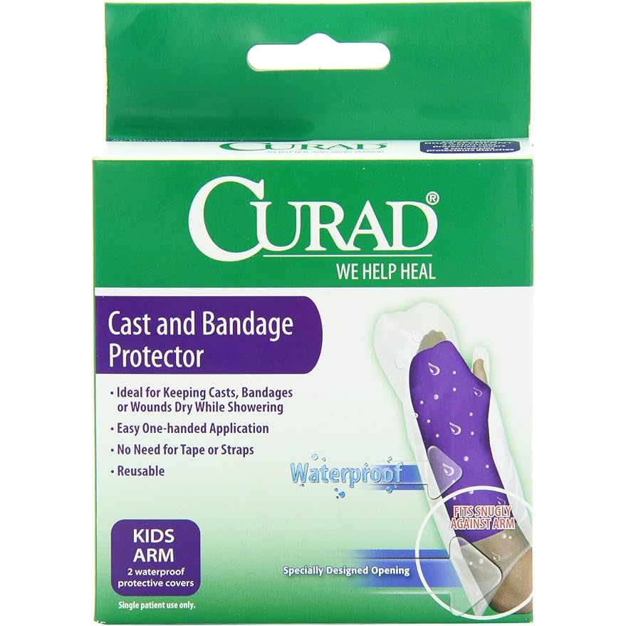 Curad cast and bandage protector packaging with a purple arm cast on a green background - okotoks hc pharmacy