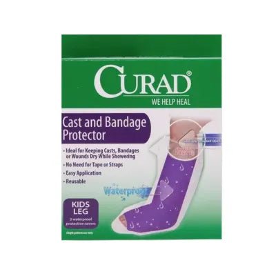 Curad cast and bandage protector packaging with a child's leg wearing a purple cast. - okotoks hc pharmacy
