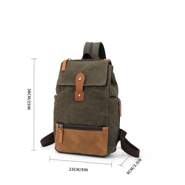 Green backpack with brown accents and measurements on a white background - okotoks hc pharmacy
