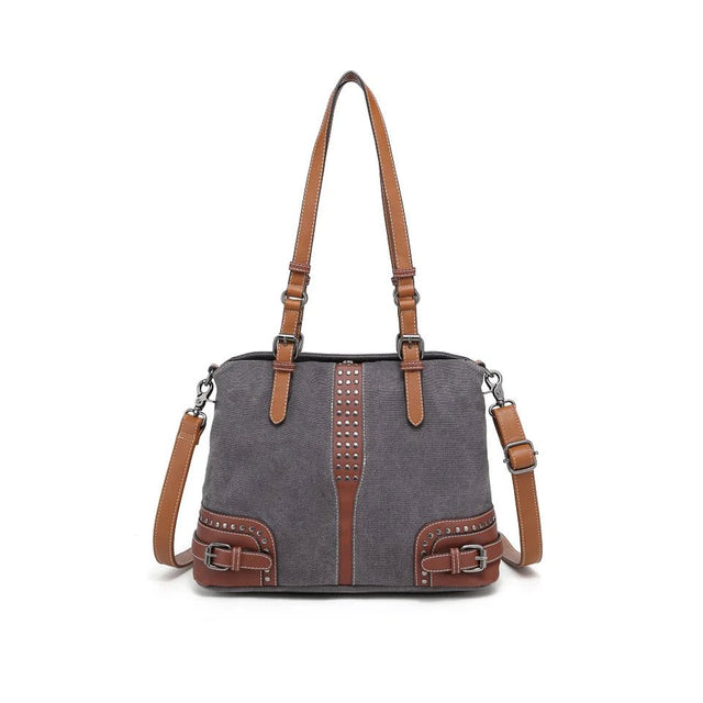 Gray handbag with brown straps and accents on a white background - okotoks hc pharmacy