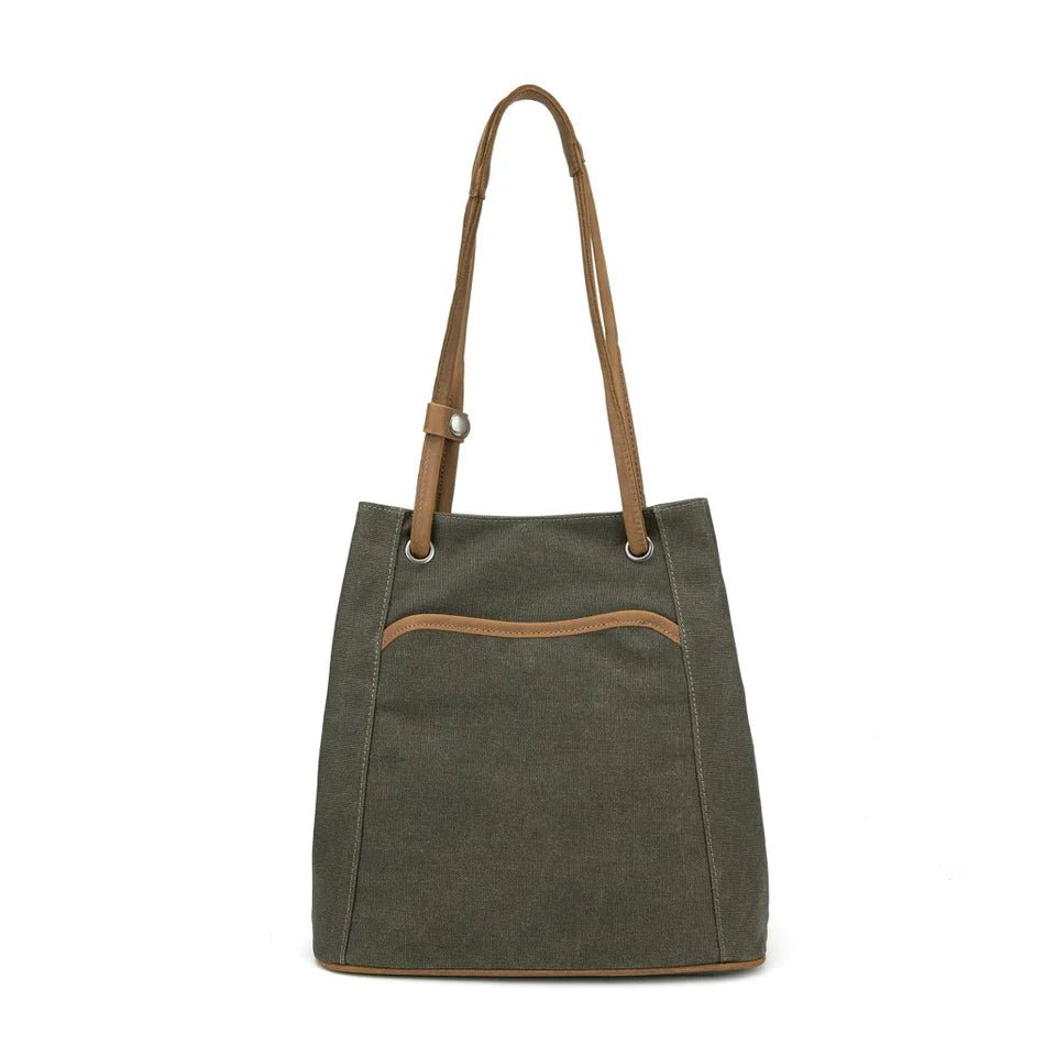 Green tote bag with brown leather handle on a white background - okotoks hc pharmacy