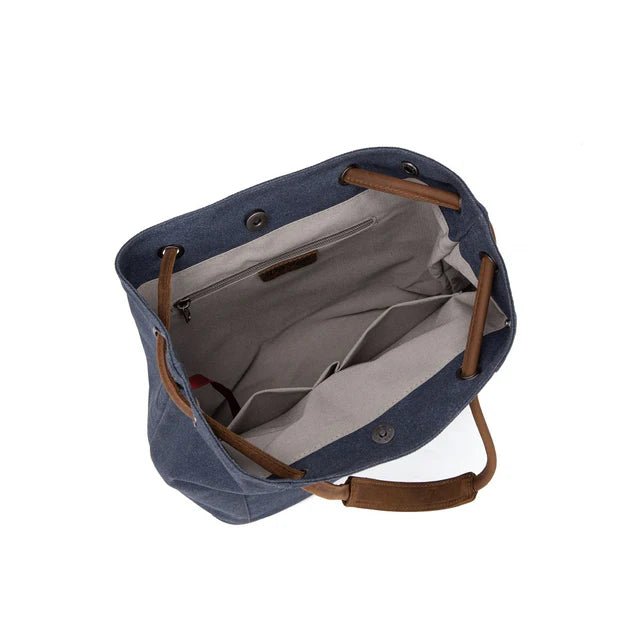 Blue bag with brown handles and trim on a white background - okotoks hc pharmacy