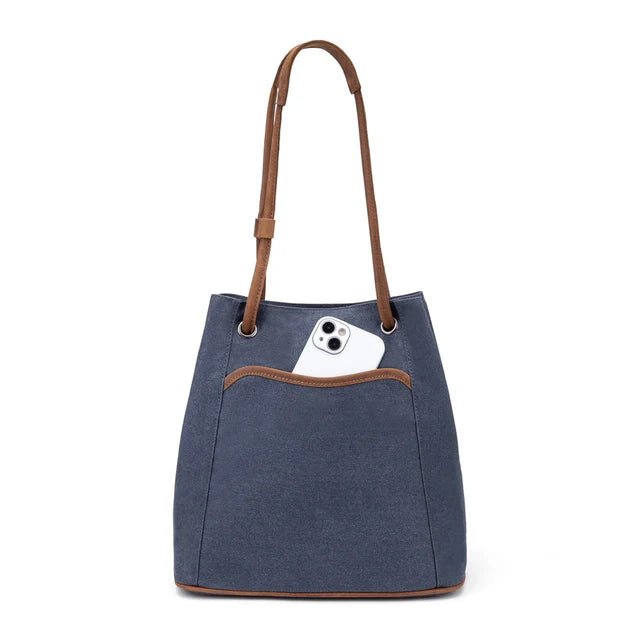 Blue tote bag with brown handles and trim on a white background - okotoks hc pharmacy