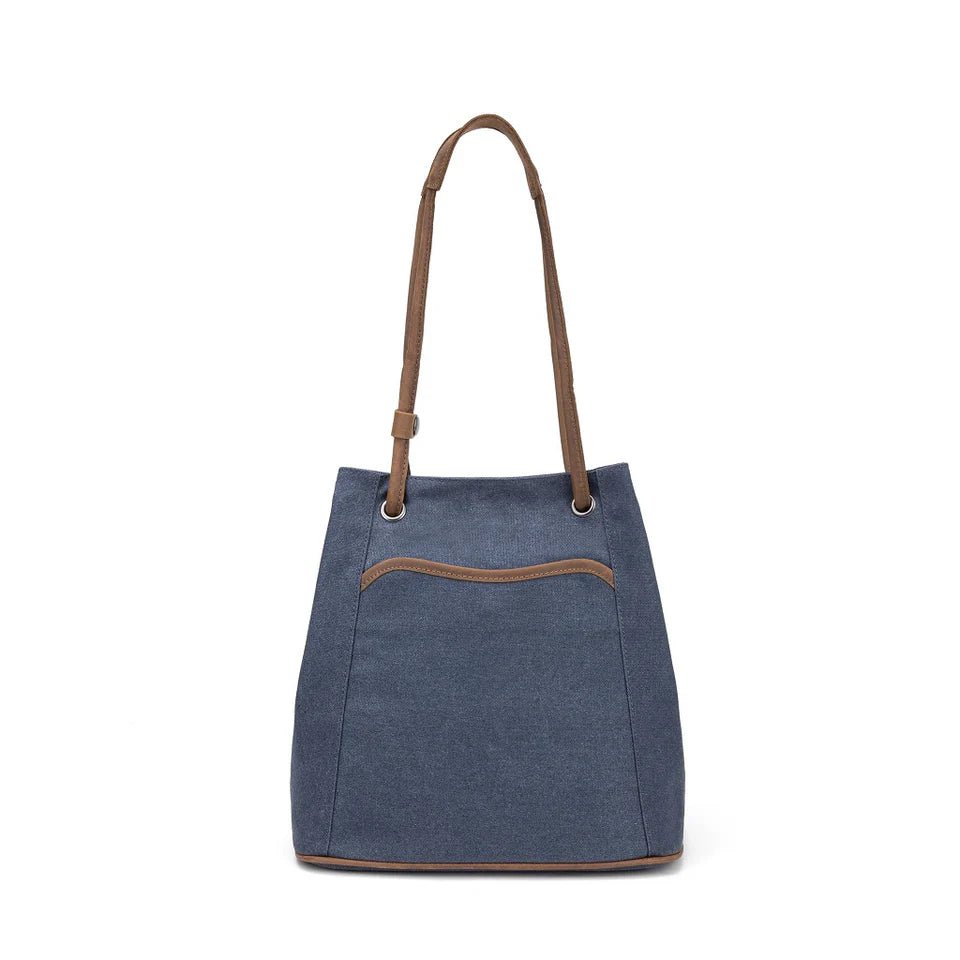 Blue tote bag with brown accents on a white background - okotoks hc pharmacy