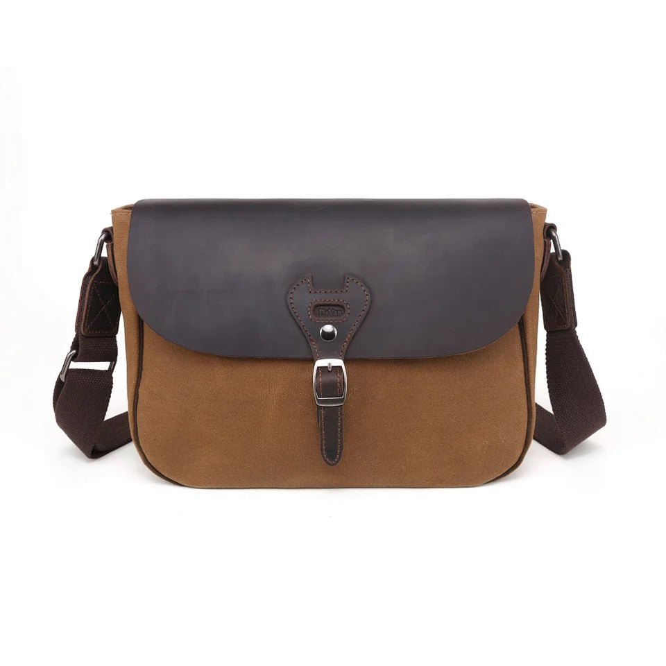 Brown and gray leather bag with a buckle on a white background - okotoks hc pharmacy