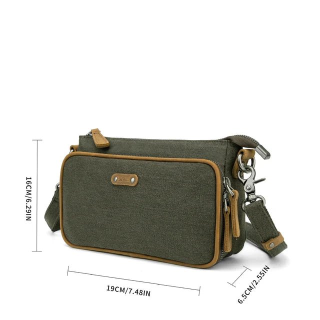 Green shoulder bag with brown accents and measurements on a white background - okotoks hc pharmacy
