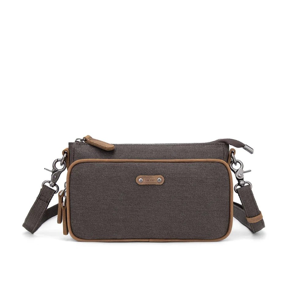 Gray crossbody bag with brown accents on a white background - okotoks hc pharmacy