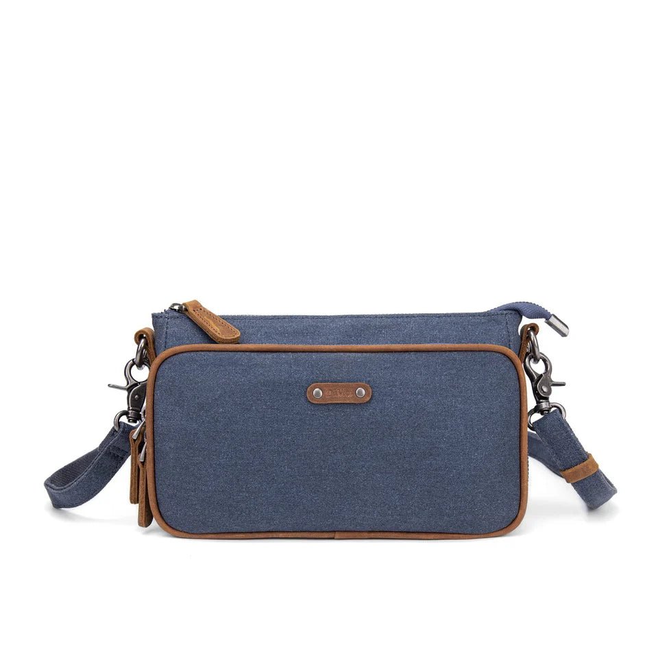 Blue crossbody bag with brown accents on a white background - okotoks hc pharmacy
