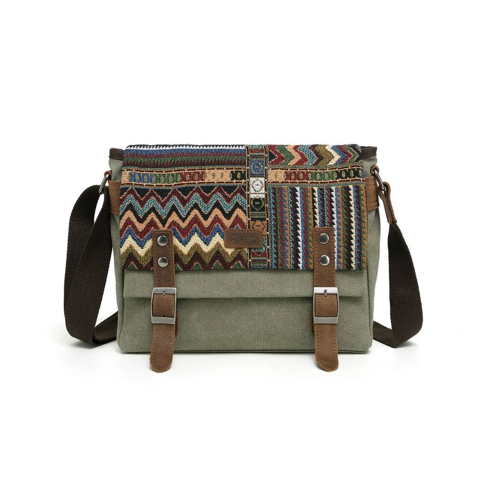 Green canvas bag with colorful patterned top section on a white background - okotoks hc pharmacy