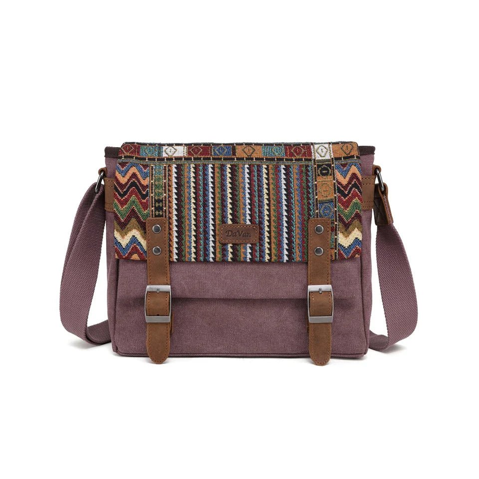 Purple bag with a colorful patterned flap on a white background - okotoks hc pharmacy