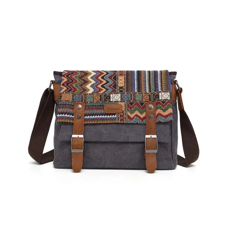 Gray bag with colorful zigzag pattern and brown straps on a white background - okotoks hc pharmacy
