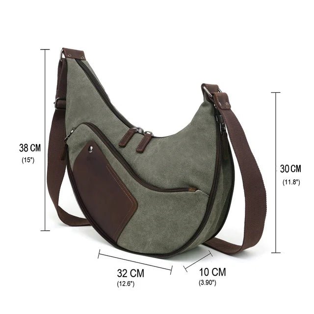 Green shoulder bag with brown accents and measurements on a white background - okotoks hc pharmacy