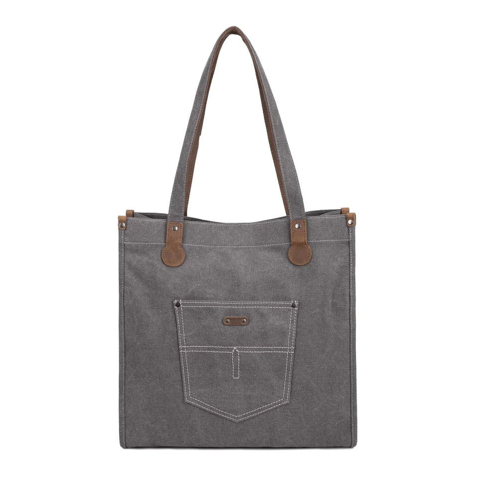 Gray tote bag with brown leather accents on a white background - okotoks hc pharmacy