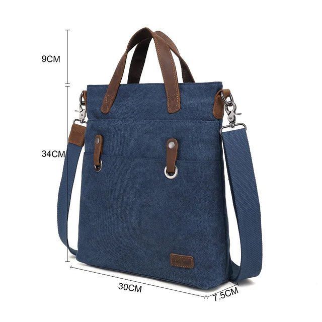 Blue handbag with brown straps and measurements on a white background - okotoks hc pharmacy