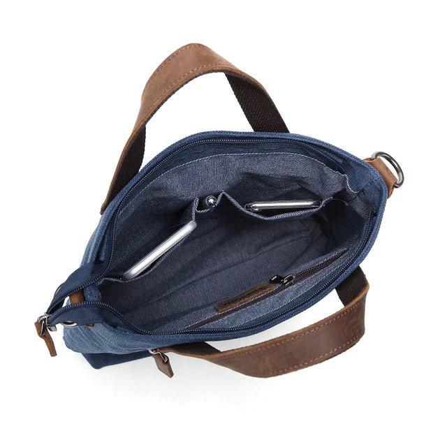 Blue bag with brown straps on a white background - okotoks hc pharmacy