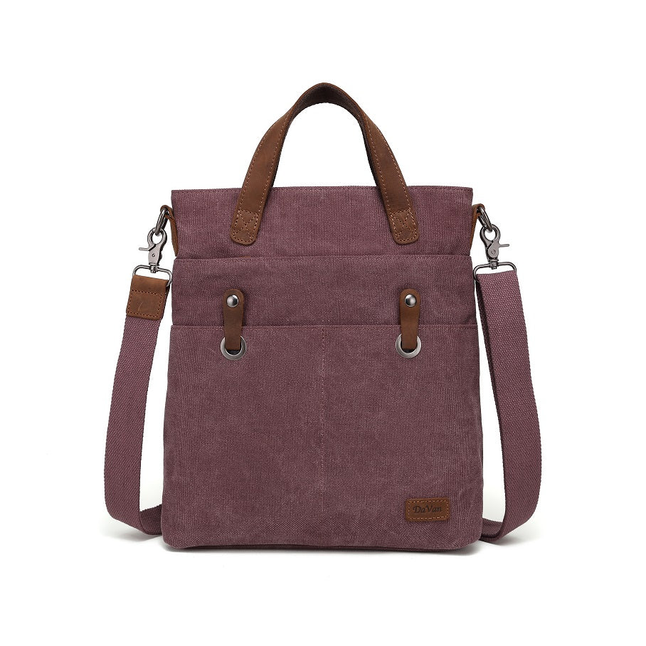 burgundy tote bag with brown handles and strap on a white background - okotoks hc pharmacy