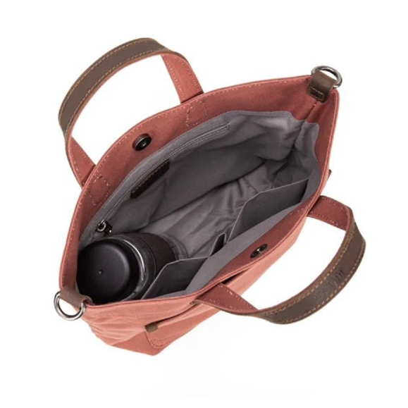 Open pink bag with a gray interior showing a black mug. - okotoks hc pharmacy