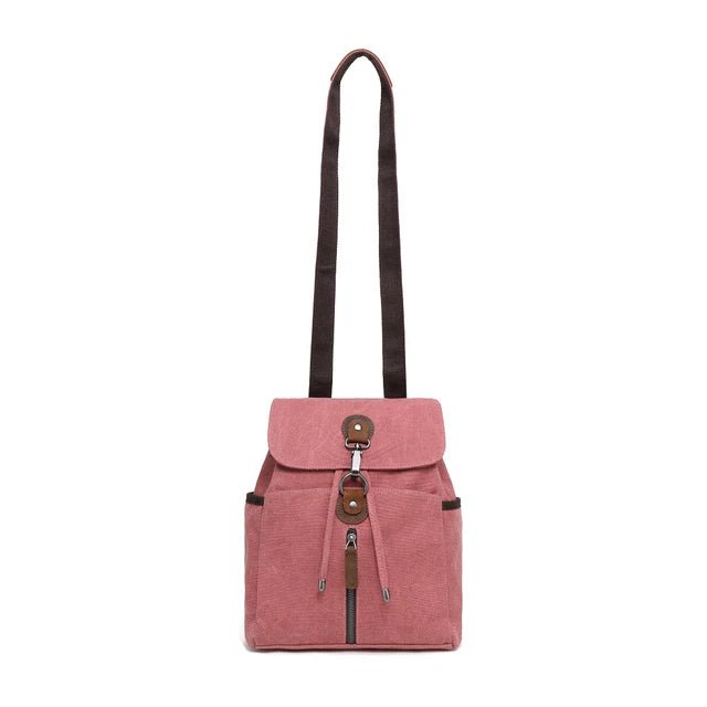 Pink backpack with a brown strap on a white background - okotoks hc pharmacy