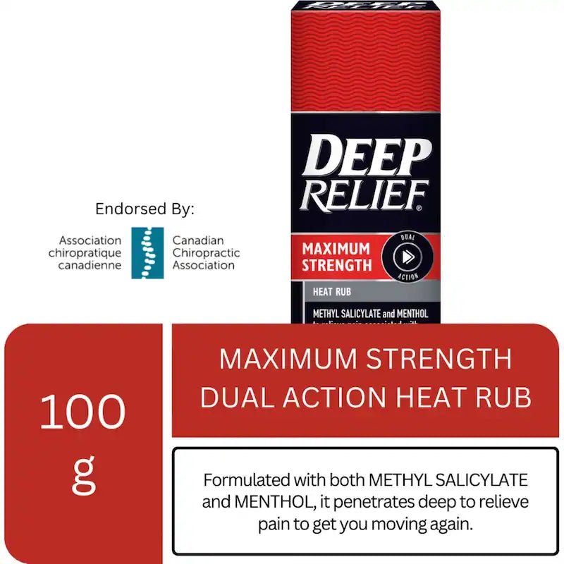 Deep Relief maximum strength dual action heat rub packaging on a white background - okotoks hc pharmacy