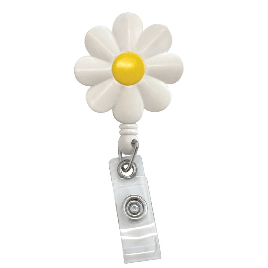 White daisy-shaped badge holder with a yellow center on a white background - okotoks hc pharmacy