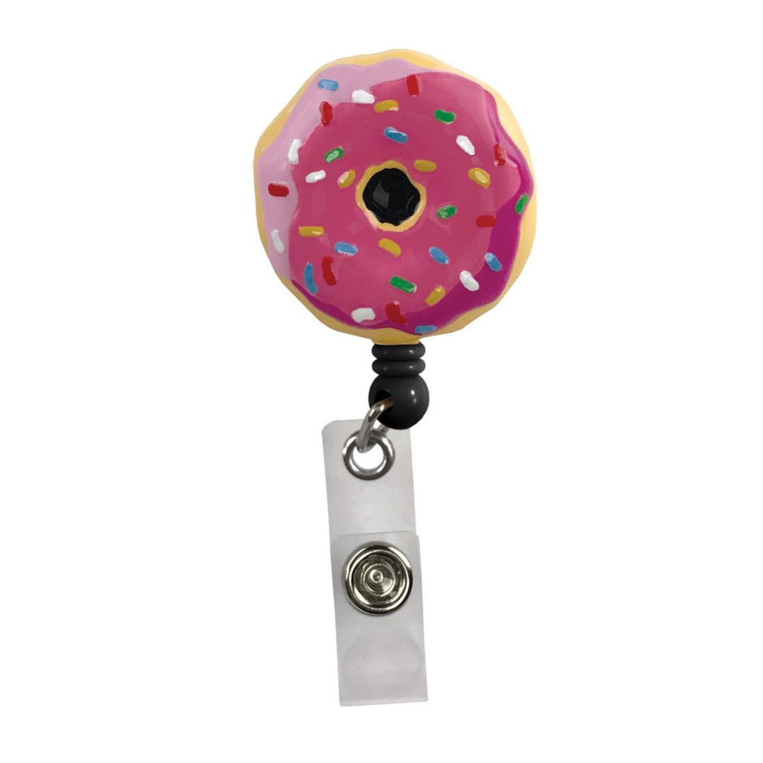 Donut-shaped badge holder with colorful sprinkles on a white background - okotoks hc pharmacy