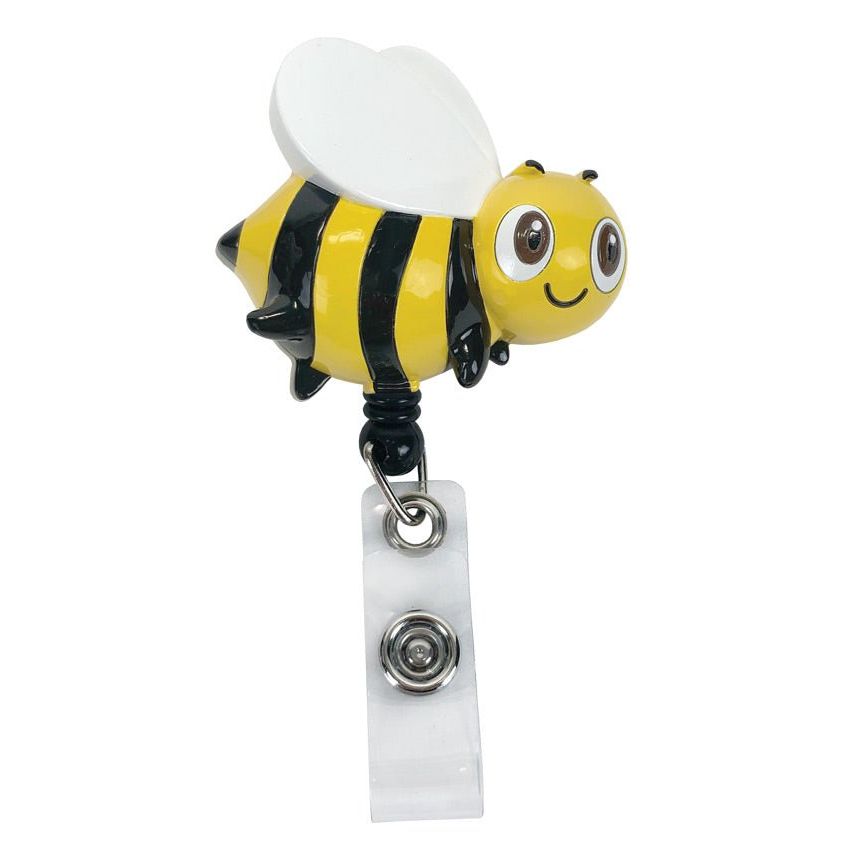 Bee-shaped badge holder with a white background - okotoks hc pharmacy