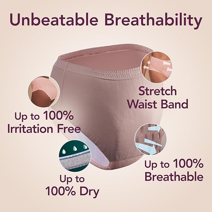 Product packaging with text highlighting features like stretch waistband, breathability, and dryness on a beige background. - okotoks hc pharmacy