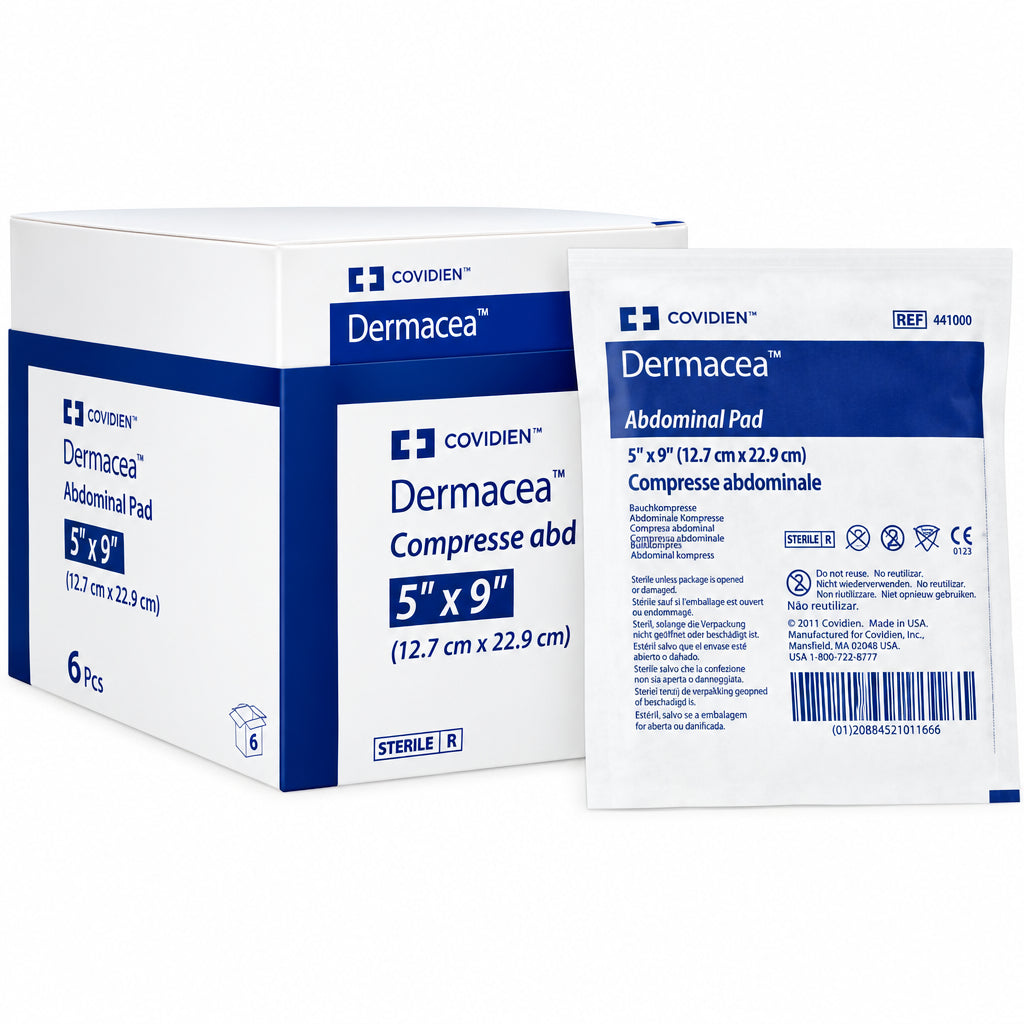 Two packages of Dermacea abdominal pads by Covidien on a white background - okotoks hc pharmacy