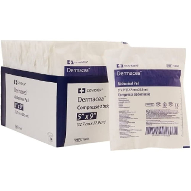 Two packages of Dermacea abdominal pads by Covidien on a white background - okotoks hc pharmacy