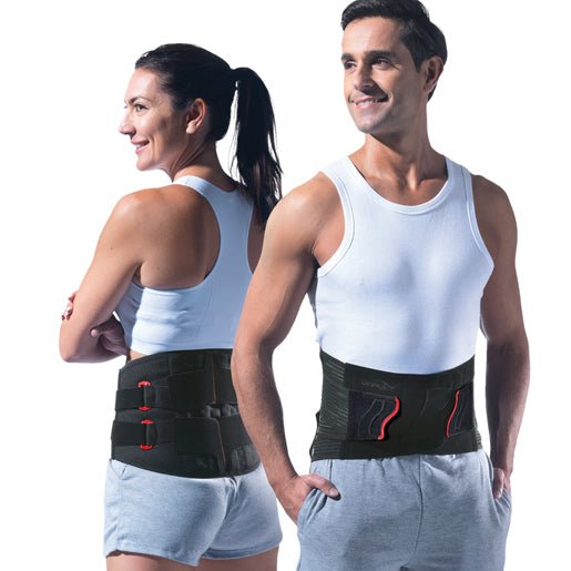 Two people wearing white tank tops and black waist support belts on a white background - okotoks hc pharmacy