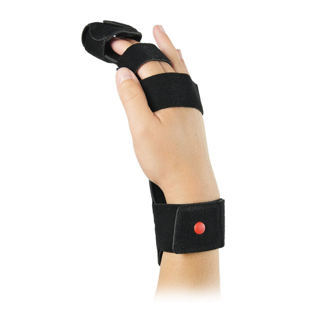 Black finger splint on a white background - Okotoks HC Pharmacy