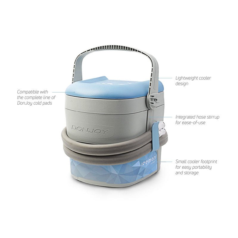 DonJoy cooler with blue lid and gray base on a white background - okotoks hc pharmacy