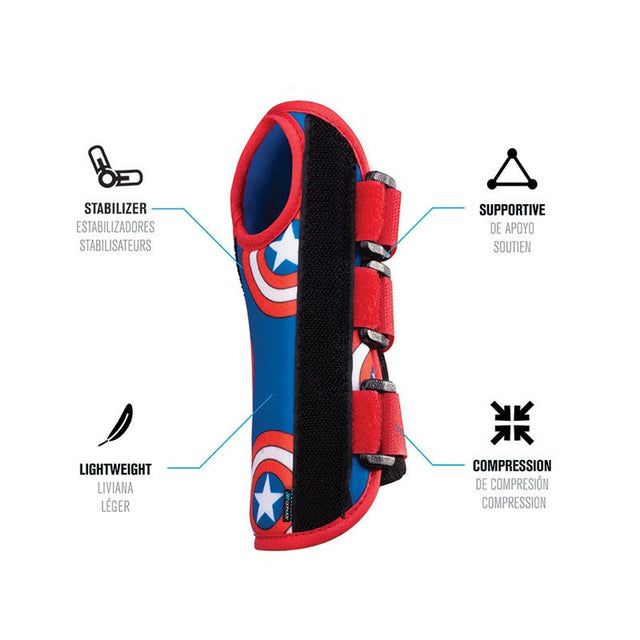 Red, blue, and black equestrian leg guard with superhero design on a white background - Okotoks HC Pharmacy