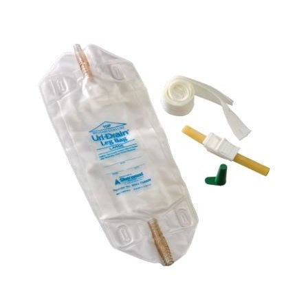 A clear plastic urinary bag with blue printed text, shown with a roll of white tape, a yellow and white connector piece, and a small green cap on a plain white background. - okotoks hc pharmacy