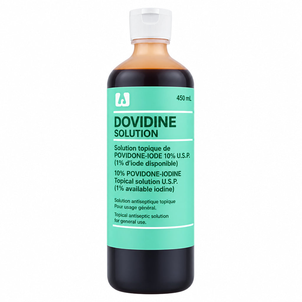 Bottle of Dovidine Solution with green label and white cap. - Okotoks HC Pharmacy