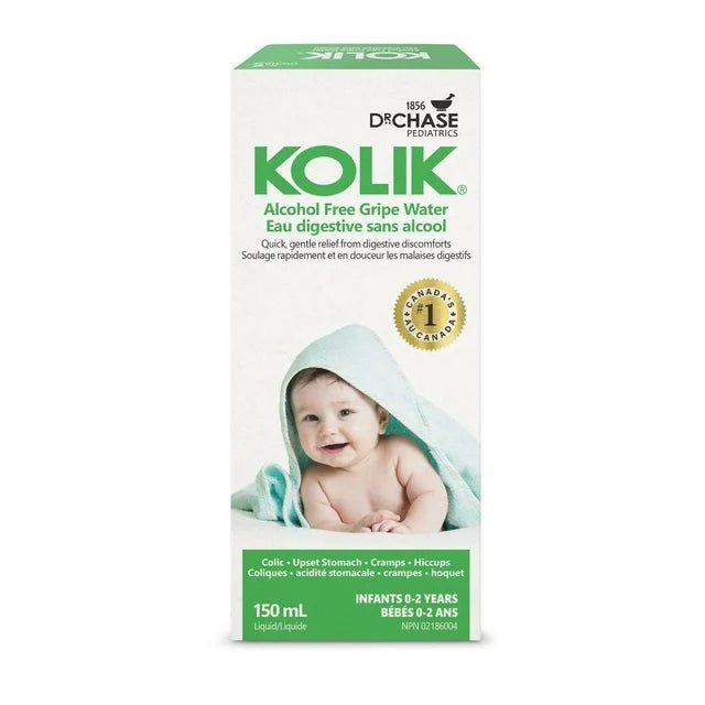 Box of Kolik alcohol-free gripe water with a baby on the label against a white background - okotoks hc pharmacy
