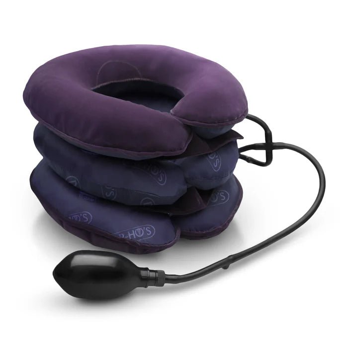 Purple inflatable neck pillow with pump on a white background - okotoks hc pharmacy