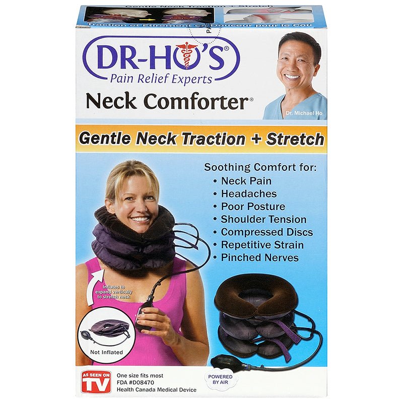 Box of Dr. Ho's Neck Comforter with a woman wearing it on a white background - okotoks hc pharmacy