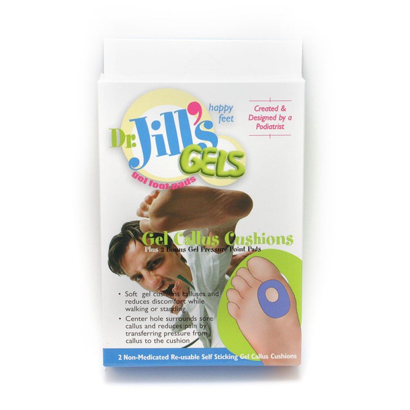 Packaging of Dr. Jill's Gels Gel Callus Cushions with a podiatrist illustration on a white background. - okotoks hc pharmacy