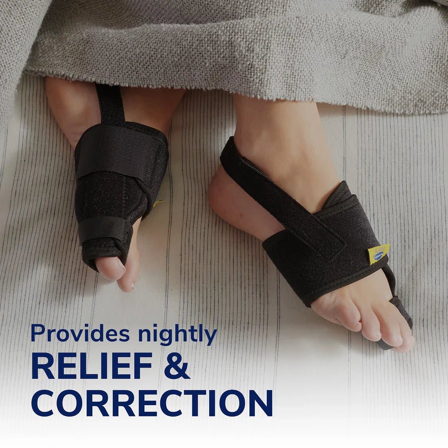 Feet wearing black night splints with text 'Provides nightly RELIEF & CORRECTION' on a neutral background. - okotoks hc pharmacy