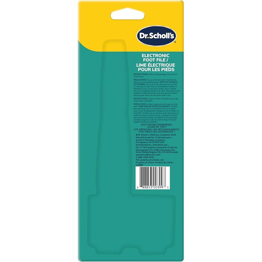 Dr. Scholl's electronic foot file packaging with teal body and yellow top. - okotoks hc pharmacy