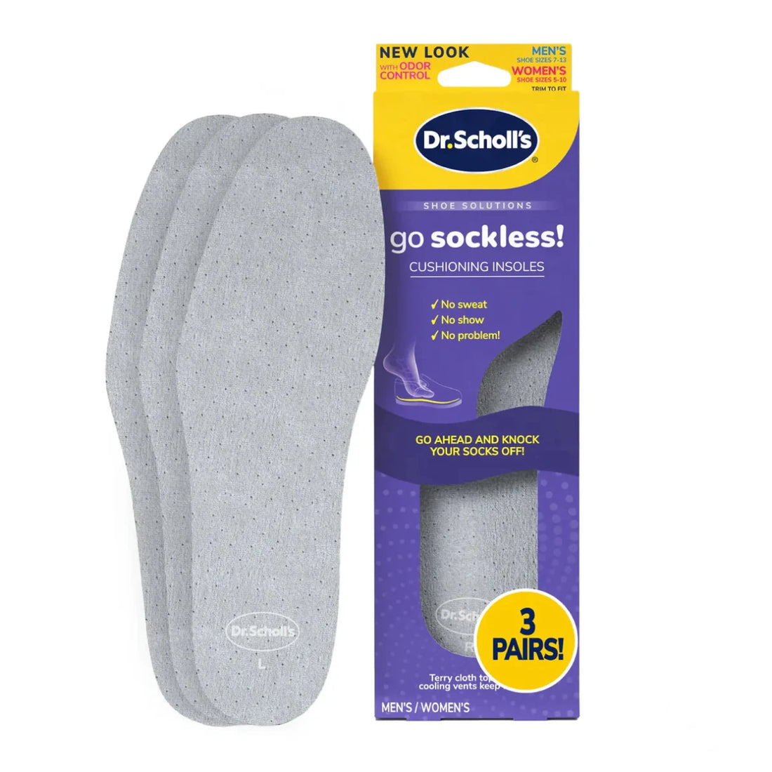 Dr. Scholl's go sockless! cushioning insoles with packaging on a white background - okotoks hc pharmacy